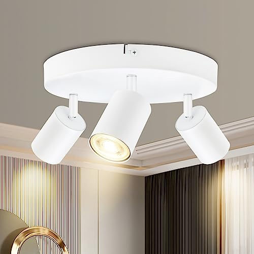 BOYIR LED-taklampa med 3 spotlights, runda svängbara takspotlights, taklampa GU10, modern takbelysning, inomhusarmaturer för kök vardagsrum, vit, levereras utan glödlampor