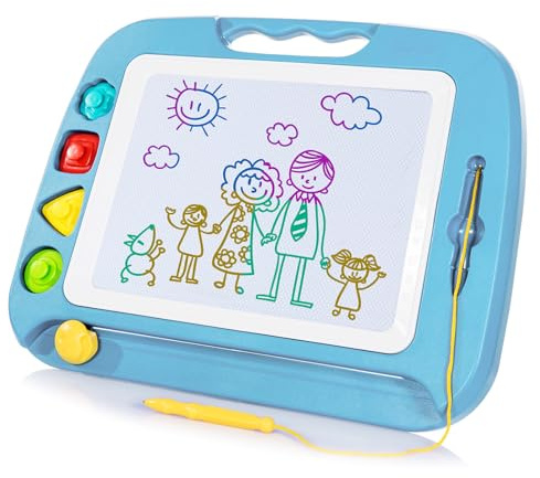 SGILE Magnetic Drawing Board Kids, Toddler Travel Toy Pad, Large 42 x 32cm | Etch & Sketch with 4 Magnet Stamps, Doodle & Writing Activity, Educational Learning Gift Girls & Boys Ages 1-4, Light Blue