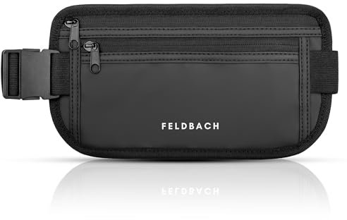 FELDBACH Bauchtasche - DIEBSTAHLSICHER - RFID Schutz - Reisebauchtasche unter Kleidung tragbar - Brustbeutel - Hüfttasche - Gürteltasche ideal zum Reisen und als Lauftasche für Jogging (Schwarz (PU))