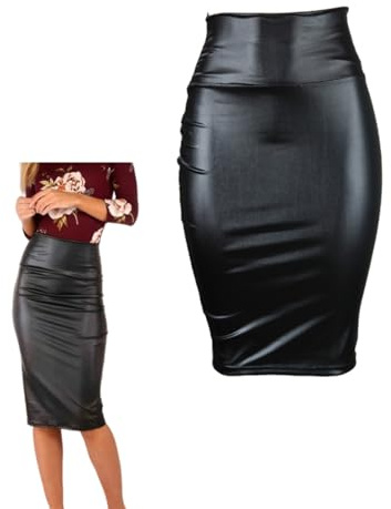 Jupe Crayon Haute Bodycon Midi Bureau en Cuir Noir, Élastique Mince à la Hanche