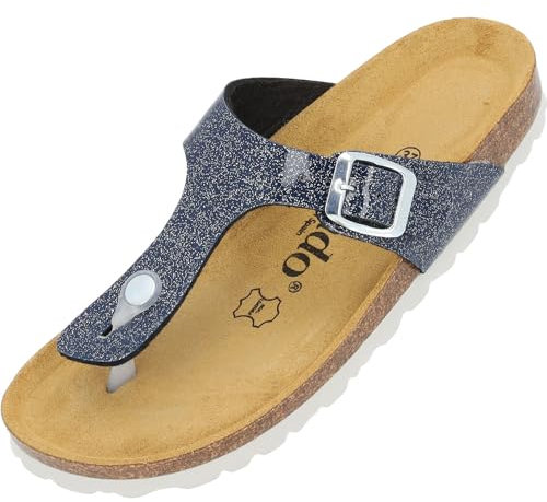 Palado Damen Zehentrenner Orion - Modische Pantoletten mit Natur Kork-Fussbett - mit Sohle aus feinstem Veloursleder - bequeme Sandalen für Frauen Blau UK7 - EU40