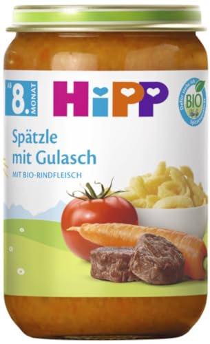 HiPP Spätzle mit Gulasch (6 x 220g), Menü ab 8. Monat, ohne Salzzusatz, mit Omega-3, in bester Bio-Qualität