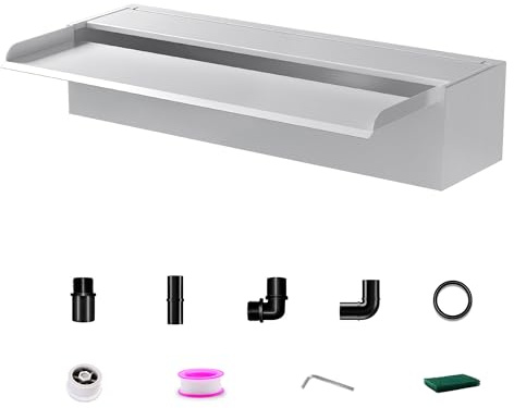 LONGRUNNEW Set di lame a cascata per stagno in acciaio inox da 60 cm, fontana per stagno in acciaio inossidabile larga 12,2 cm con accessori, design a doppia entrata per cortile laghetto da giardino