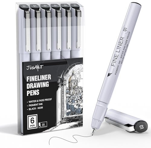 JusArt Fineliner-Stifte, 6 Stück, 0,25 mm feine Spitze, kein Verlaufen, wasserfeste schwarze Pigmenttintenstifte für Illustration, technisches Zeichnen, Schreiben, Journaling, Bastler und