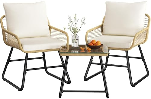 Yaheetech 3 Pieces Bistro Set, Outdoor PE Wicker Chairs with Washable Cushions and Tempered Glass Table, Patio Conversation Set for Backyard, Poolside, Balcony, Porch, Tan/Cream