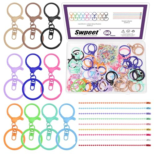 Swpeet 60 llaveros de pinza de langosta de colores mixtos con clip de gatillo giratorio, llavero plano dividido y cadenas de bolas, kit surtido de cierres giratorios para bolso, correa, llavero