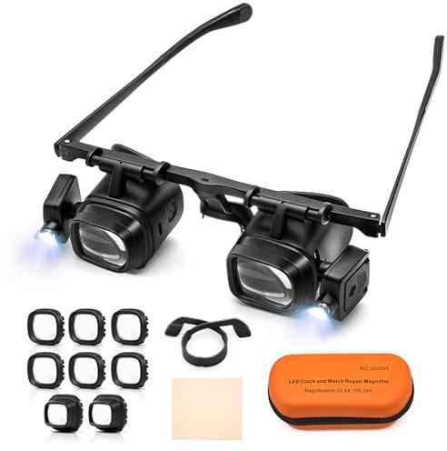 RoserRose Occhiali con lente d'ingrandimento con luce – 4 lenti intercambiabili (2.0X, 6.0X, 10.0X, 24.0X), lente d'ingrandimento con 2 luci a LED, ideali per orologiai, dentisti e lavori di