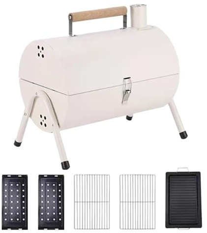 Barbacoa ahumadora de barril – Barbacoa de camping con función de ahumado, parrilla ligera ventilada para balcón, jardín, hogar, camping, terraza