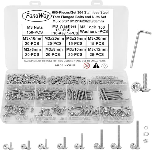 FandWay 600 Stk Linsenkopfschraube mit Flansch,M3 Torx Schrauben ISO 7380-2 Flanschschraube Gewindeschrauben Edelstahl A2 V2A Maschinenschrauben Muttern Unterlegscheiben Kit mit T10 Schlüssel.