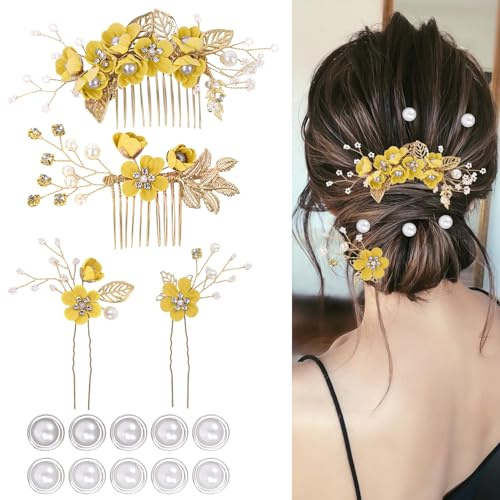 Lot de 4 accessoires de coiffure pour mariage, épingles à cheveux élégantes, fleurs, demoiselles d'honneur, 10 épingles à cheveux spirales en perles (jaune)