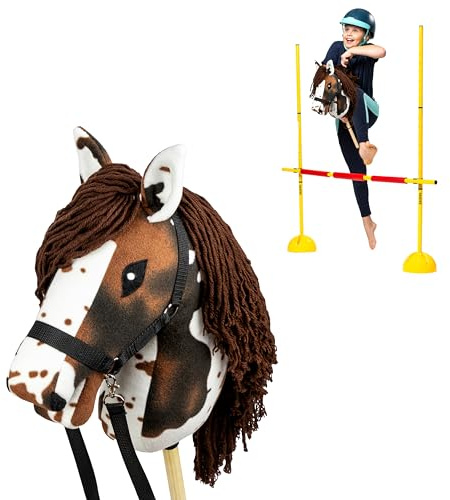 SKIPPI Set Hobby Horse Pío Alazán y Obstáculo de Salto 135 cm, A3 Gran Caballo de Palo y Hobby Horse Accesorios, Valla de Salto, Cabestro, Riendas