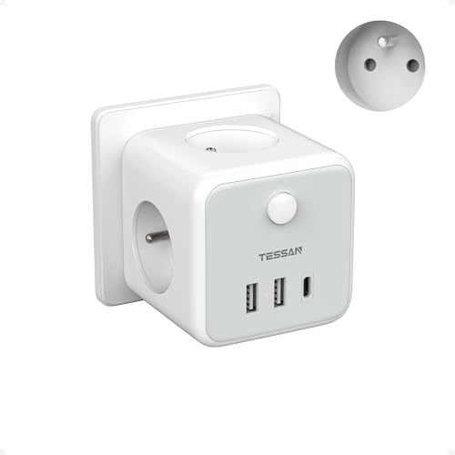 TESSAN Multiprise Murale Française 3 Sortie AC et 3 Ports USB, 6 en 1 Prise Multiple avec Interrupteur, Prise Électrique, Adaptateur Secteur 2500W Conivent pour Cuisine, Bureau, Maison, Gris