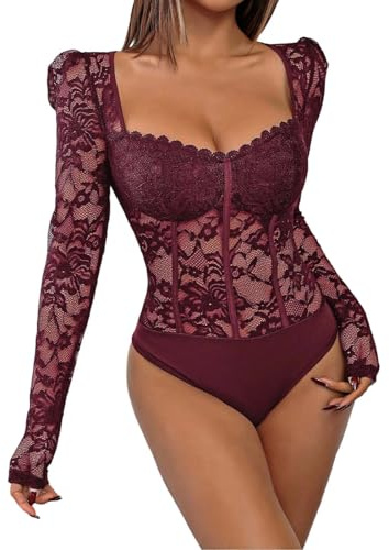 Body in Vernice Donna Elegante Catsuit Da Donna Sexy Tuta Con Scollo Quadrato In Pizzo Tuta Nera Tuta Casual a Maniche Lunghe Con Scollo a v Abbigliamento Quotidiano Comodo per Festa Danza Carnevale
