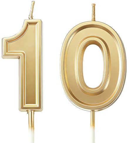 URAQT Candele di Compleanno, Candela Numero Compleanno 3D Candela Numeri, Candele per Compleanno Oro Decorazioni Torta Compleanno, Adatto Feste di Compleanno Anniversario Matrimonio(10)