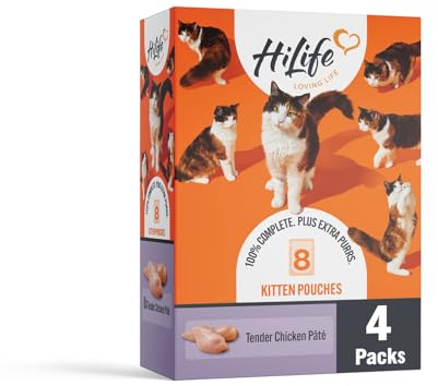 HiLife Kitten Wet Cat Food, Tender Chicken Pate, Complete Cat Food Pouches for Kittens 1 - 12 Months, 100% Natural & Grain Free (8 x 70g Pouches) 4 Pack