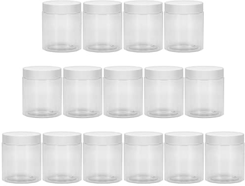 Yishik 15 Pack 8oz Round Plastic Jars with Screw White Lids,Refillable 250ml PET Clear Storage Jars for Slime Making,Cosmetic,DIY Crafts,Kitchen Storage(40 labels as gift)