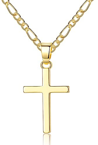 ITESSY Cross Necklace for Men Women, Silver & Gold Cross Pendant Necklace | 14K Gold Plated Figaro Link Chain Necklaces Gifts for Christian Birthday Christma Thanksgiving Day