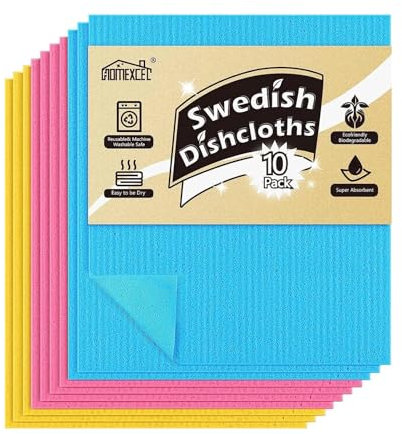 HOMEXCEL Paños de cocina suecos para cocina, paquete de 10 paños de esponja para encimeras y lavar platos, toallas de papel reutilizables y absorbentes, 3 colores surtidos