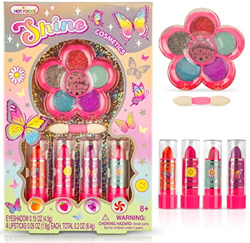 Hot Focus Toddler Makeup Kit - Girls Makeup Set with Mood Change Lipsticks & Colorful Eyeshadow Palette - Kid-Friendly, Washable Pretend Play Set (Applicator Included)