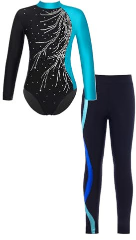 renvena Mädchen Gymnastikanzug mit Hose Leggings Turnanzug Langarm Bodysuit Trikot Body Lange Hose Skinny Tight Kinder Sport Ballett Kleidung Blaugrün&Royal Blau 134-140/9-10 Jahre