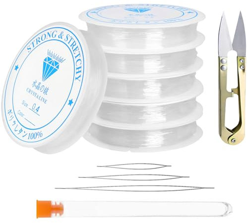 Redamancy 6 Rotoli Elastico per Braccialetti, Filo Resistente, Trasparente con 3 Pezzi Aghi per Bordare e Forbici per Gioielli Collana di Perline