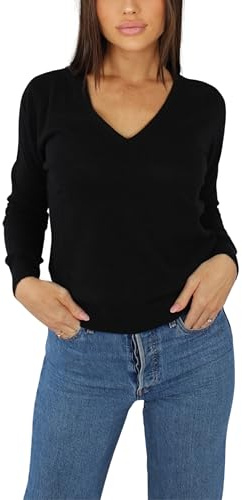 Pull Femme Col en V en Cachemire, Fabriqué en Italie (FR/ES, Alpha/Lettres, L, Taille Normale, Taille Normale, Noir)