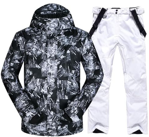 ALSOGO Herren Ski Jacke und Hosen Set Ski Anzug Winter Wasserdicht Winddicht Kapuze Schneemantel 2-Stücke Snowboard Sets 336-Weiß M01