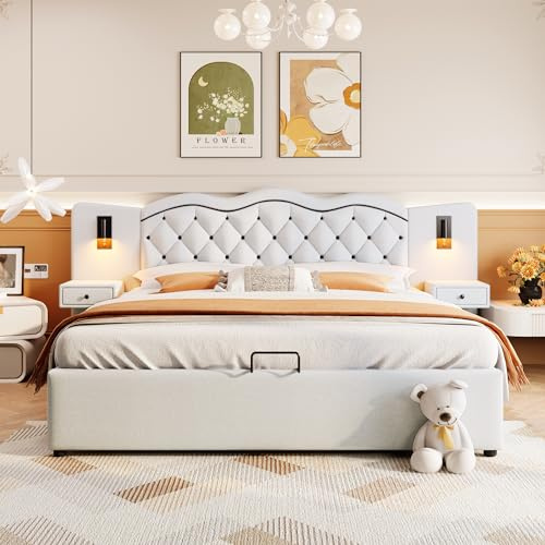 Moimhear 180x200 cm, Cama plana, Cama Acolchada, Cabecero Incorporado, Mecanismo Elevador Hidráulico, Puerto USB, Dos Lámparas de Mesita de Noche (Beige)