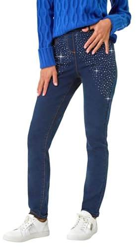 Roman Originals Jeggings for Women UK Jean Ladies Stretchy Trousers Denim Leggings High Waist Rise Pull On Skinny Straight Leg Cotton Pants Smart Casual - Sparkly Indigo - Size 14