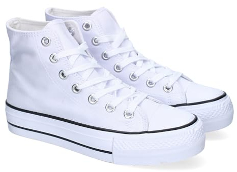 92146 Zapatilla Abotinada de Mujer, Comoda, con Material de Lona, Estilo Bamba Casual, y Cierre de Cordones Blanco Talla 41