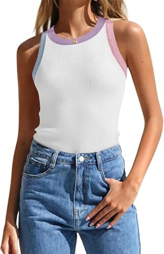 Sukiglam Camisetas sin Mangas Mujer Costilla De Punto Camiseta Verano Básica Tops Deportivas Cuello Redondo Chalecos Top Sexy Racerback Blusas Suave Transpirable Elástico Slim Fit Camisola Shirt