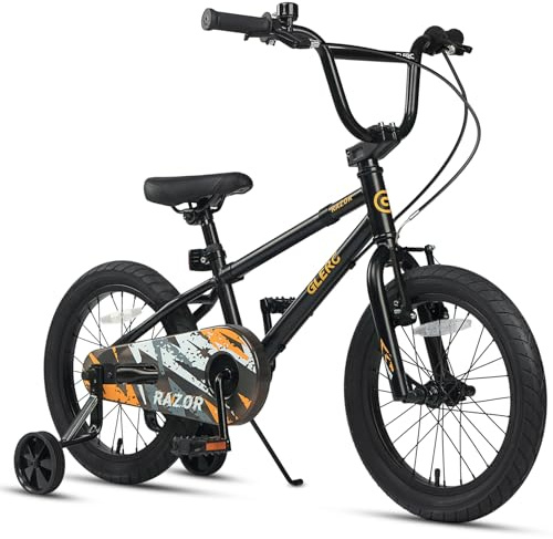 Glerc Razor 16 Inch Kids Bike for 4 5 6 7 Years Old Boys BMX Style Bicycle with Kickstand & Safety Bell & Removable Stabilisers, Black