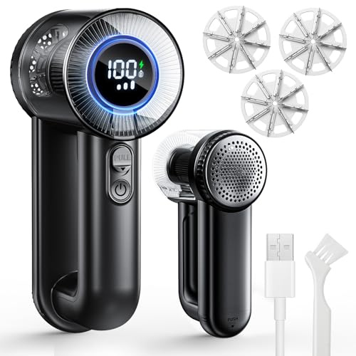 Quitapelusas Electrico Portátil Recargable por USB, Quita Pelusas Ropa 3 Velocidades, Pantalla LED, Quita Pelusas Eléctrico con 3 Cuchillas para Ropa, Tapicerías, Mantas y Textiles