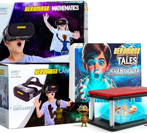 Heromask Pack Éducatif 3 en 1 – Langues, Mathématiques et Contes en VR et Hologrammes | Jeu 2 en 1 avec Casque VR + Pyramide | Cadeau Original pour Enfants 5–12 Ans