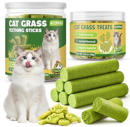 CPFK Cat Grass Sticks, 60 g Cat Grass Teething Stick and 50 g Cats Treats, Natural Dental Chews for Teeth Cleaning & Hairball Relief Teething Sticks for Indoor Cats Grain-Free