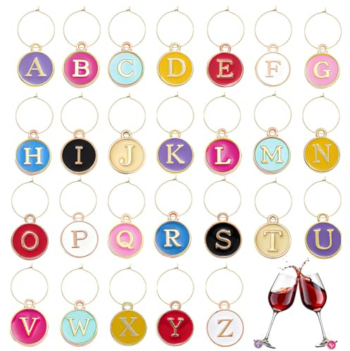 LKJAUOZ 26 Pezzi Segnabicchieri Marcatori di Ciondoli per Bicchieri di Vino,26 Lettere colorate a tema,Segna calici da vino,Calici Charms per Calici,Decorazioni per Feste Degustazione di Vini