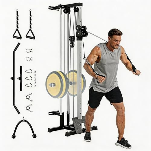 LAT Pulldown Machine, 3 in 1 LAT Row Cable Machine Home Gym, LAT Tower with Leg Hold Down Attachment and More Handle Replacement, Fitness Exercise Upper Body Workout Strength Training Machine