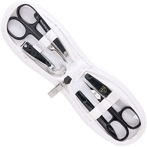 DREI SCHWERTER - Germany 6-tlg. Maniküreset 'PIEMONT' Maniküre Nagelset im Kunstlederetui weiss | Inhalt: Nagel/Hautschere, Nagelknipser, Pinzette, Nageldoppelinstrument, Saphirnagelfeile (grob/fein)