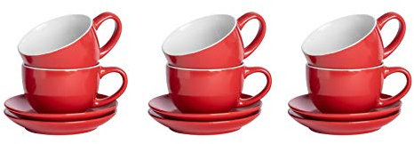 Argon Tableware Red Cappuccino Cups with Saucers - Set of 6-250ml Dishwasher Safe Gloss Stoneware Cappuccino Cups and Saucer Set Coffee Mugs with Handle and Grooved Plate