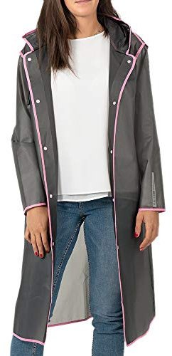 PERLETTI Imperméable Femme Transparent Détails Réfléchissants - Poncho Pluie Long Capuche et Boutons - Veste de Pluie Fille Coupe Vent Etui Etanche - Anorak Réutilisable Léger (Gris Bordure Rose, S)