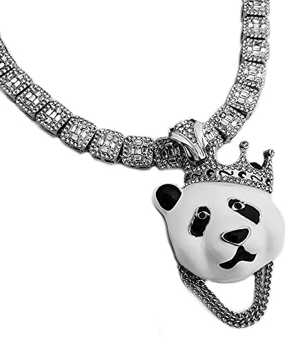 White Gold Plated King Crowned Panda Large Pendant & 12mm 16 18 Iced Baguette Choker Chain Hip Hop Necklace (Pendant Only)