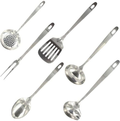 Fackelmann 9990650 - Juego de utensilios de cocina (6 piezas, skimmer, tenedor, pala para servir, cucharas, cuchara, acero inoxidable, 28 a 32 cm)
