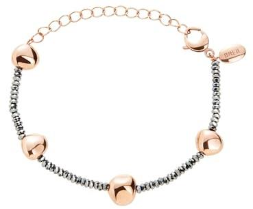 Breil, Collezione B Rocks, Bracciale da Donna in Acciaio Colorato, con Pietre Naturali ed Ematite, Lunghezza Regolabile, Chiusura a Moschettone, Colore Rose Gold, Misura 21 Cm, Gioielli Donna