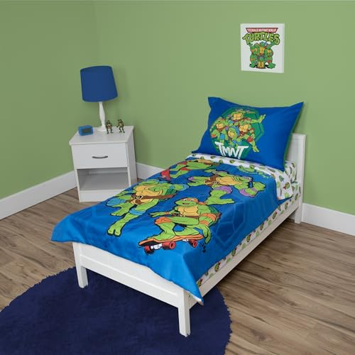 TEENAGE MUTANT NINJA Juego de Ropa de Cama Infantil de 4 Piezas, Incluye edredón, Juego de sábanas, Bajera, sábana encimera y Funda de Almohada Reversible para Cama Infantil, Color Azul