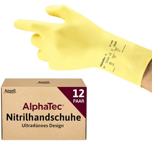 Ansell AlphaTec 87-086 Guanti da Lavoro in Lattice, Protezione Multiuso per Usi Alimentari, Domestici e Professionali, Guanti Riutilizzabili in Gomma Naturale, Giallo, Taglia M (12 Paia)