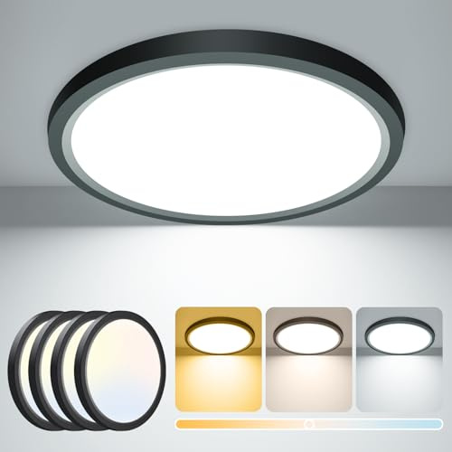 zemty [4 Pack 15W 1800LM LED Ceiling Light, Bathroom Lights Ceiling 3000K/4000K/6500K, 18cm Waterproof Ultra Thin Round Black Flush Ceiling Light for Living Room,Bedroom,Kitchen,Toilet