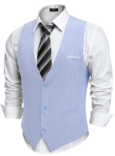 COOFANDY Gilet da Abito da Uomo Formale Scollo a V Gilet da Uomo Panciotto Matrimonio Slim Fit Gilet da Abito Panciotto Casual Con Tasche Blu Chiaro L