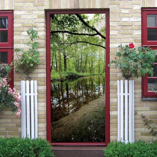 Pegatinas para Puertas de Paisaje Murales para Puertas Decorativas Pegatina Puerta Arbol Rio Adhesivo Vinilo 3D Pegatina Pared Mural Pegatinas Papel Pintado 77x200 cm a3634