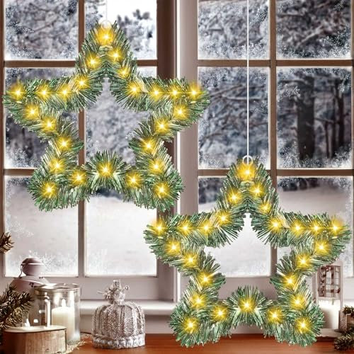 2 Stück 40LED Weihnachtsdeko Fenster Beleuchtet, Weihnachtsstern Batterie mit Timer Zedernblatt, IP65 Wasserdicht Leuchtstern Weihnachten, Weihnachtsbeleuchtung Fenster Innen für Balkon, Außen, Party