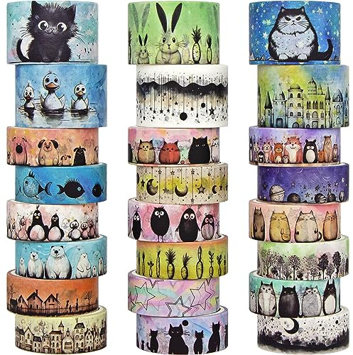 Jniseger Cute Washi Tape Set - 24 Rolls Kawaii Animals Decorative Washi Tape for Scrapbooking Supplies, Bullet Journal Supplies, Junk Journal, Kids Art Craft Tape